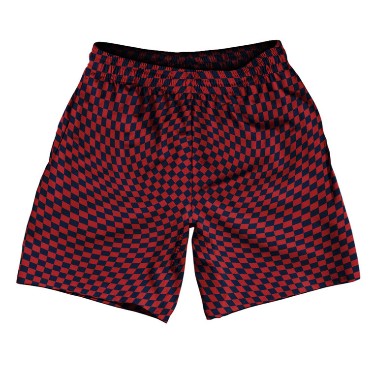 Warped Checkerboard Athletic Running Fitness Exercise Shorts 7" Inseam Shorts Made In USA - Blue Navy And Red Dark