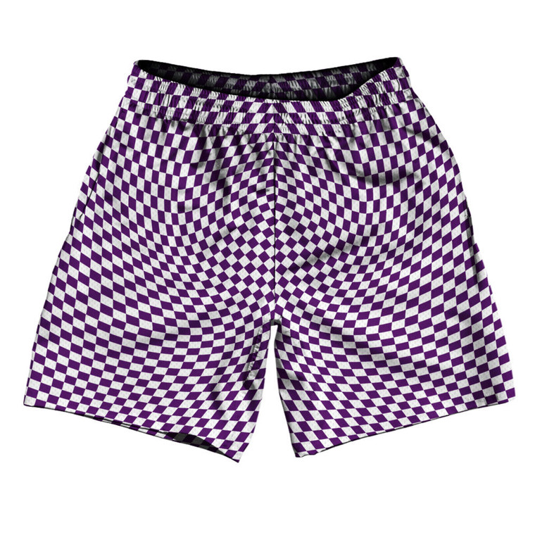 Warped Checkerboard Athletic Running Fitness Exercise Shorts 7" Inseam Shorts Made In USA - Purple Medium And White