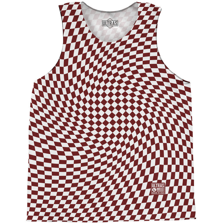 Warped Checkerboard Basketball Singlets - Red Maroon And White