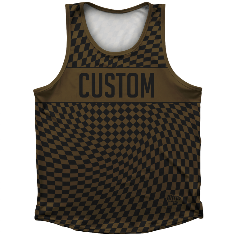 Warped Checkerboard Custom Athletic Sport Tank Top Made In USA - Brown Dark And Black