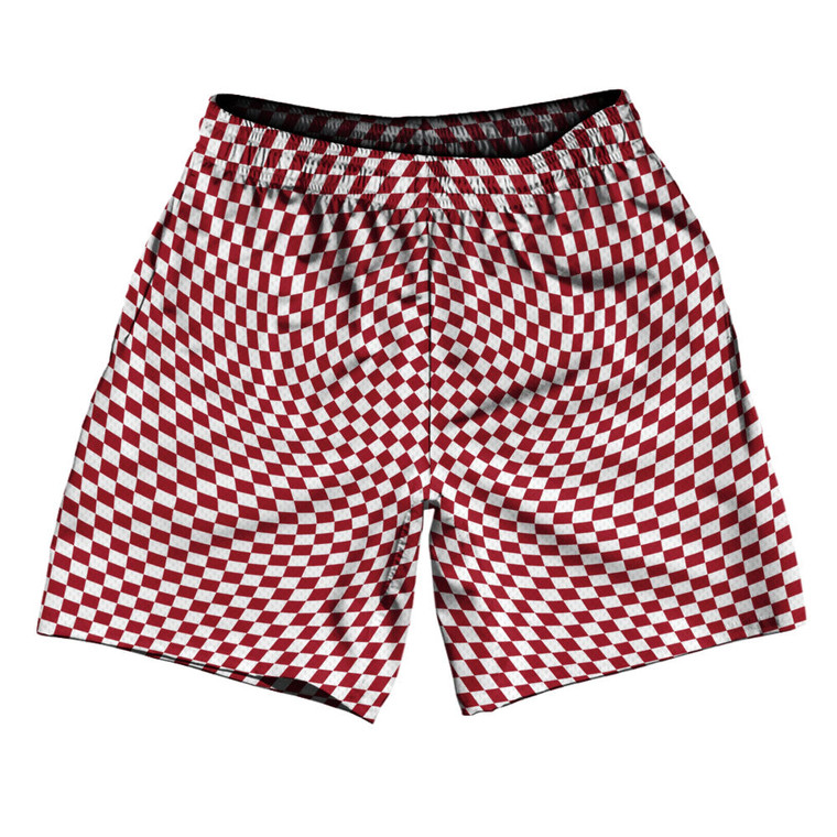 Warped Checkerboard Athletic Running Fitness Exercise Shorts 7" Inseam Shorts Made In USA - Red Cardinal And White