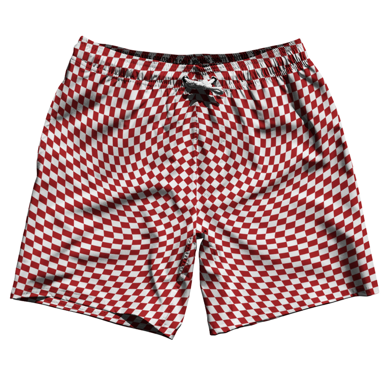 Warped Checkerboard Swim Shorts 7" Made in USA - Red Dark And White