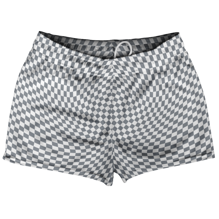 Warped Checkerboard Shorty Short Gym Shorts 2.5" Inseam Made In USA - Grey Dark And White