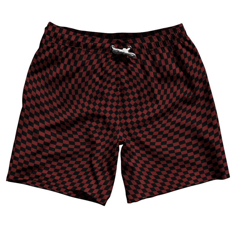 Warped Checkerboard Swim Shorts 7" Made in USA - Red Maroon And Black