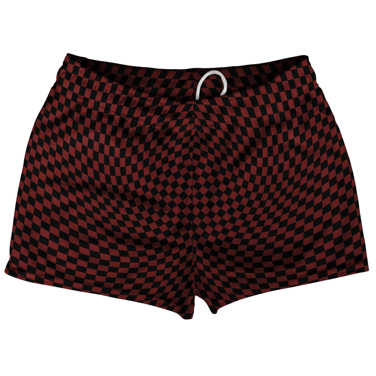 Warped Checkerboard Shorty Short Gym Shorts 2.5" Inseam Made In USA - Red Maroon And Black