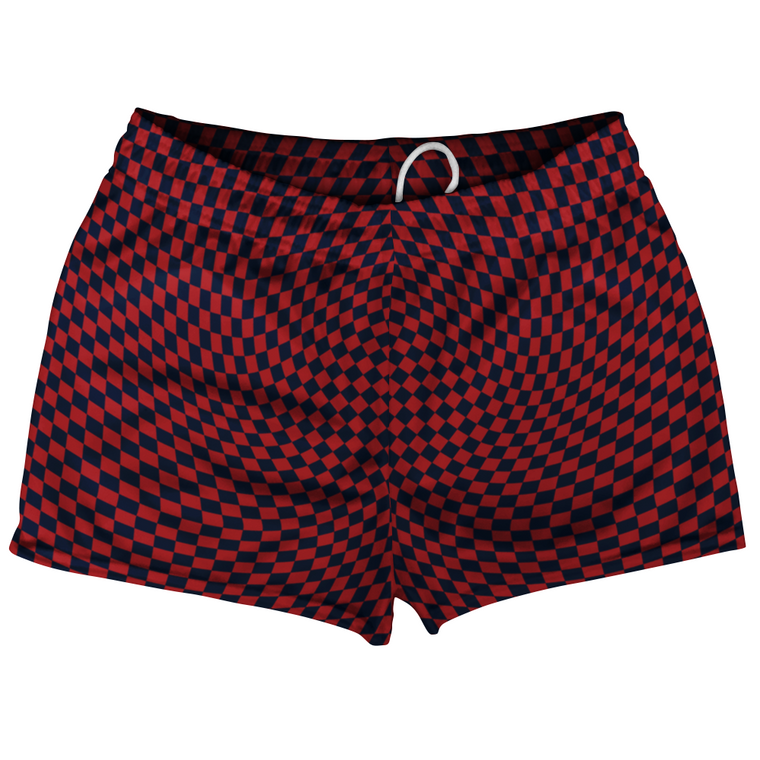 Warped Checkerboard Shorty Short Gym Shorts 2.5" Inseam Made In USA - Blue Navy And Red Dark