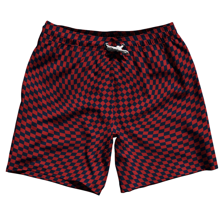 Warped Checkerboard Swim Shorts 7" Made in USA - Blue Navy And Red Dark