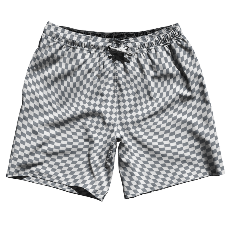 Warped Checkerboard Swim Shorts 7" Made in USA - Grey Dark And White