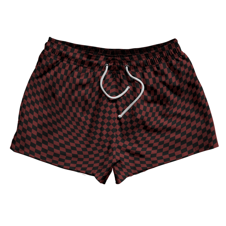 Warped Checkerboard 2.5" Swim Shorts Made in USA - Red Maroon And Black