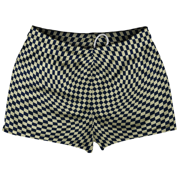 Warped Checkerboard Shorty Short Gym Shorts 2.5" Inseam Made In USA - Blue Navy And Vegas Gold