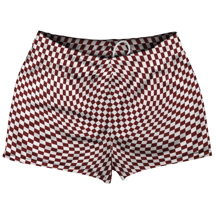 Warped Checkerboard Shorty Short Gym Shorts 2.5" Inseam Made In USA - Red Maroon And White