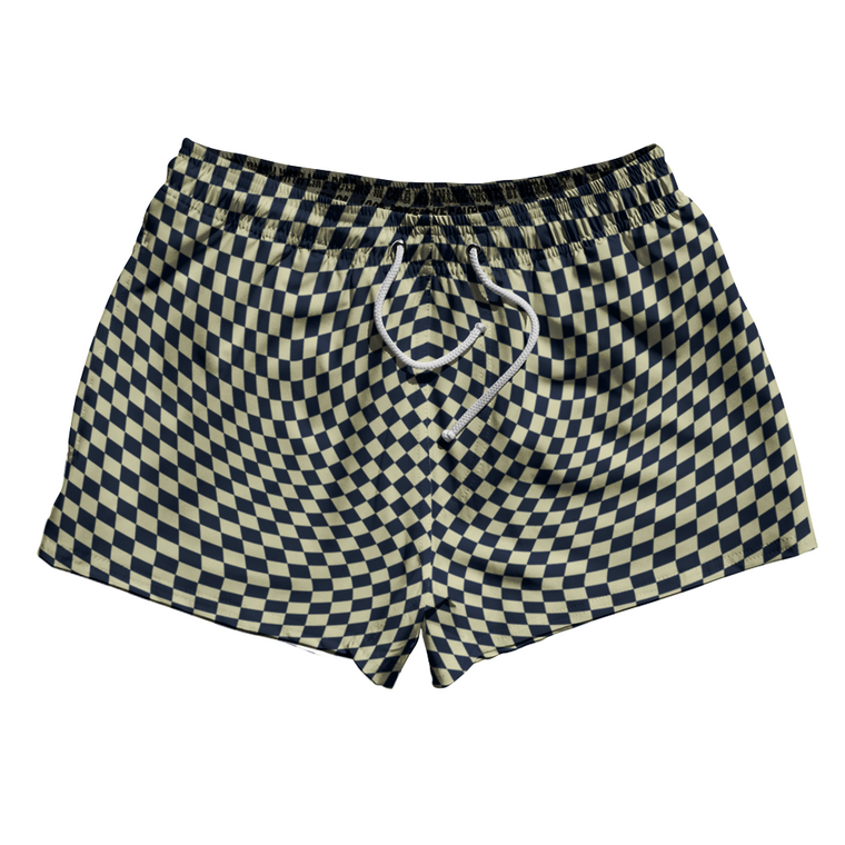 Warped Checkerboard 2.5" Swim Shorts Made in USA - Blue Navy And Vegas Gold