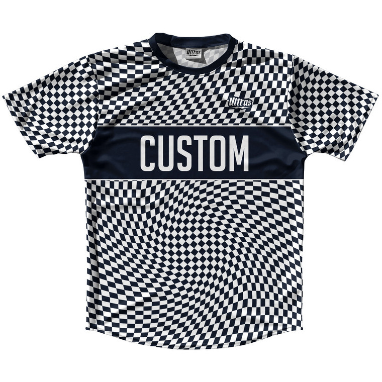 Warped Checkerboard Custom Running Shirt Track Cross Made In USA - Blue Navy Almost Black And White