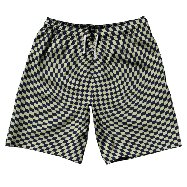 Warped Checkerboard 10" Swim Shorts Made in USA - Blue Navy And Vegas Gold