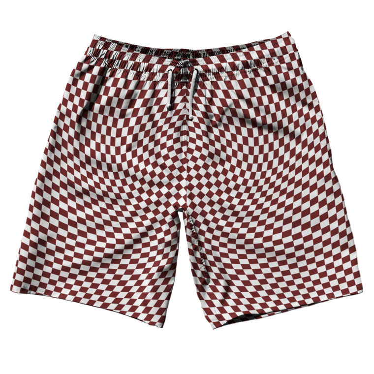 Warped Checkerboard 10" Swim Shorts Made in USA - Red Maroon And White