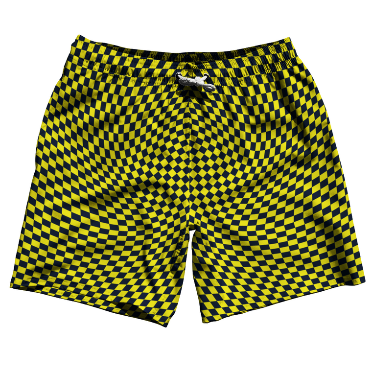 Warped Checkerboard Swim Shorts 7" Made in USA - Blue Navy And Yellow Bright
