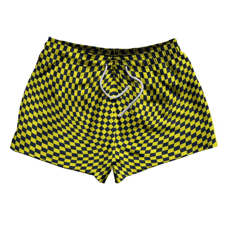 Warped Checkerboard 2.5" Swim Shorts Made in USA - Blue Navy And Yellow Bright