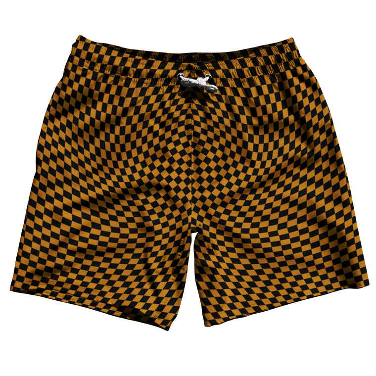 Warped Checkerboard Swim Shorts 7" Made in USA - Orange Burnt And Black