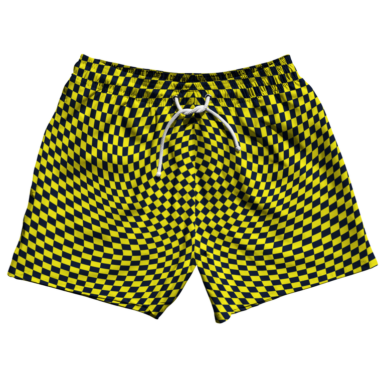 Warped Checkerboard 5" Swim Shorts Made in USA - Blue Navy And Yellow Bright