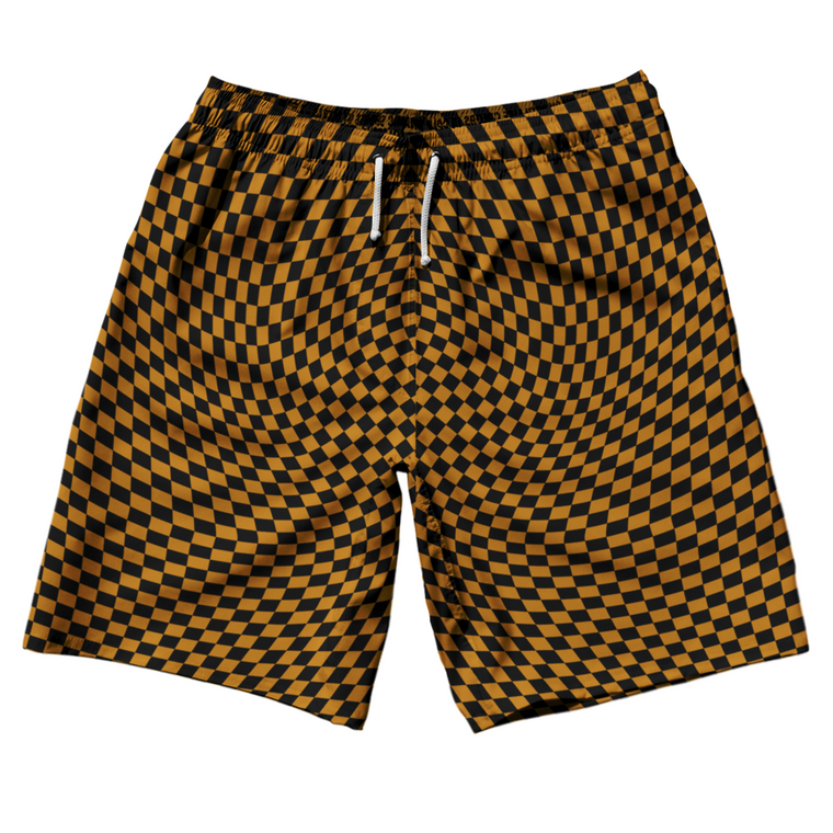 Warped Checkerboard 10" Swim Shorts Made in USA - Orange Burnt And Black