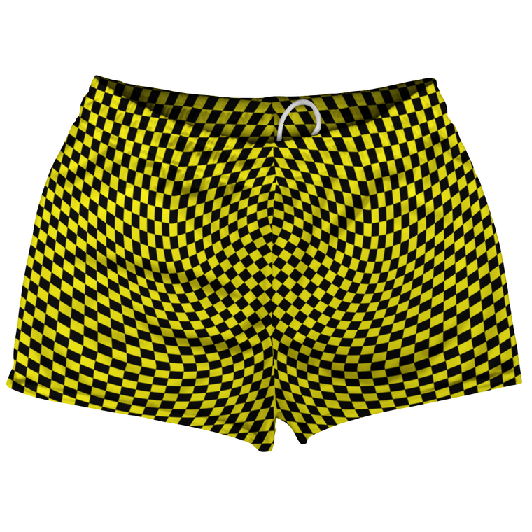 Warped Checkerboard Shorty Short Gym Shorts 2.5" Inseam Made In USA - Yellow Bright And Black