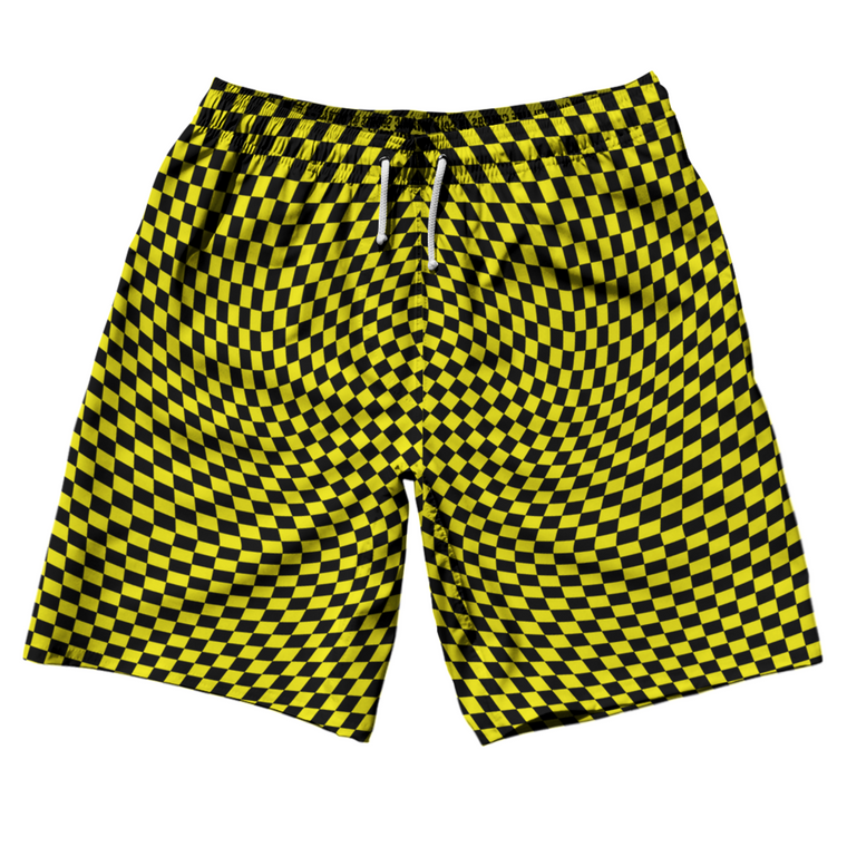 Warped Checkerboard 10" Swim Shorts Made in USA - Yellow Bright And Black