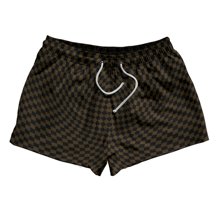 Warped Checkerboard 2.5" Swim Shorts Made in USA - Brown Dark And Black