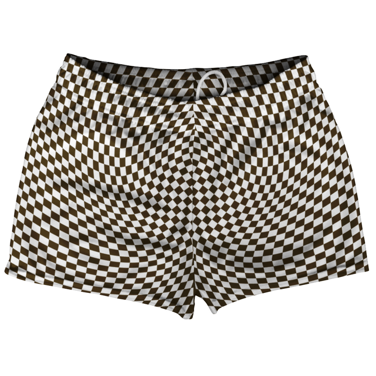 Warped Checkerboard Shorty Short Gym Shorts 2.5" Inseam Made In USA - Brown Dark And White