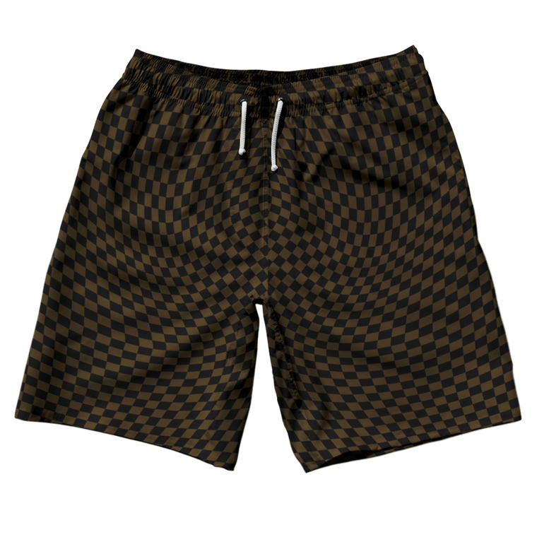 Warped Checkerboard 10" Swim Shorts Made in USA - Brown Dark And Black