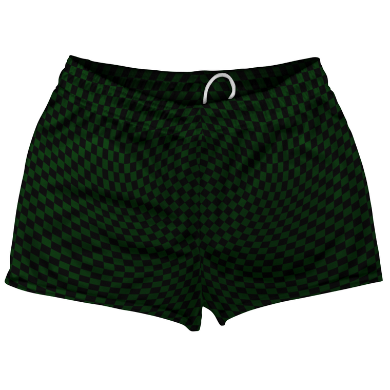 Warped Checkerboard Shorty Short Gym Shorts 2.5" Inseam Made In USA - Green Forest And Black