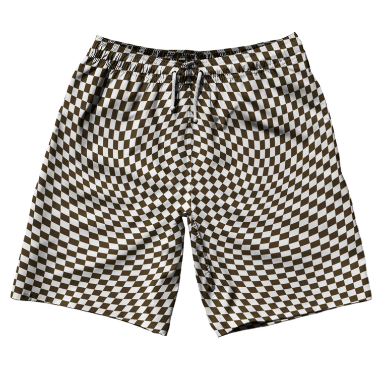 Warped Checkerboard 10" Swim Shorts Made in USA - Brown Dark And White