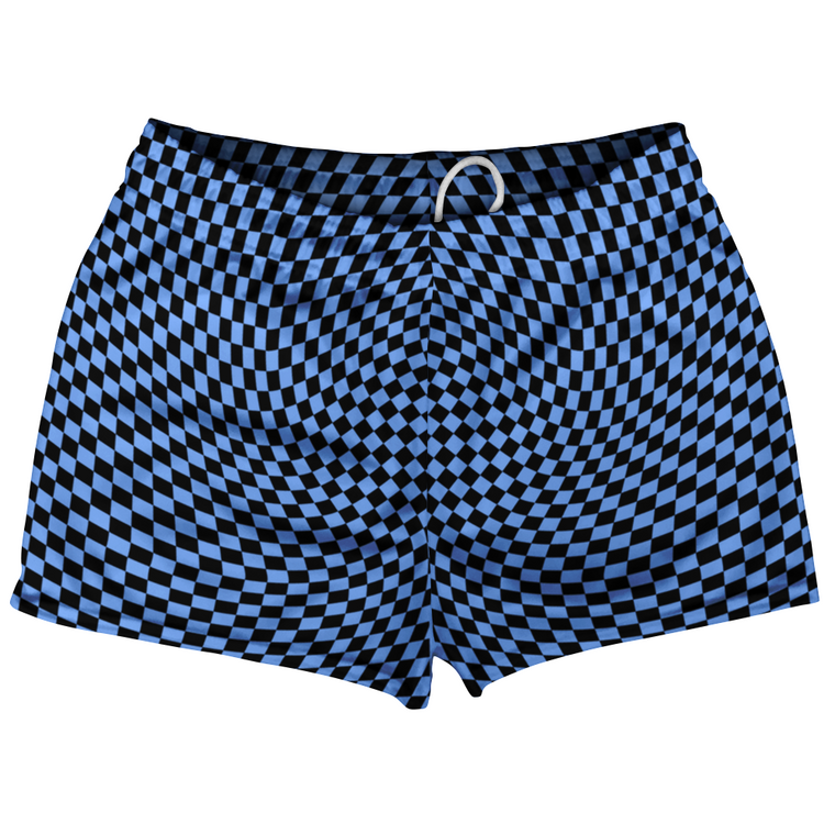 Warped Checkerboard Shorty Short Gym Shorts 2.5" Inseam Made In USA - Blue Carolina And Black