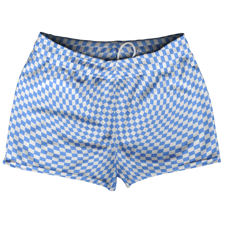 Warped Checkerboard Shorty Short Gym Shorts 2.5" Inseam Made In USA - Blue Carolina And White