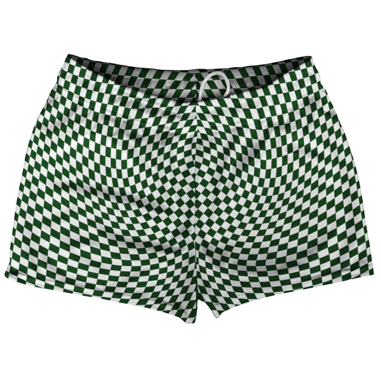 Warped Checkerboard Shorty Short Gym Shorts 2.5" Inseam Made In USA - Green Hunter And White