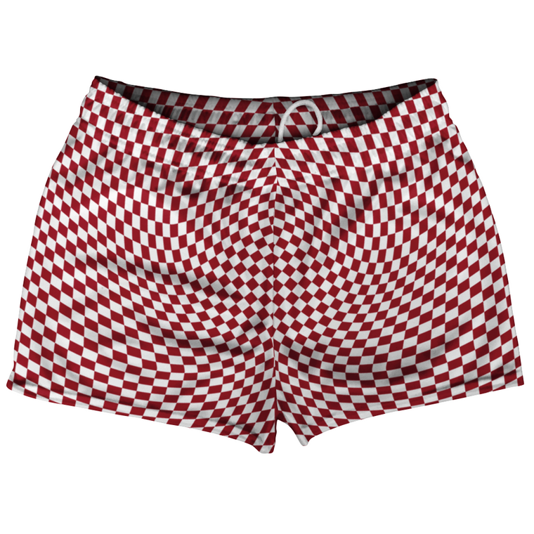 Warped Checkerboard Shorty Short Gym Shorts 2.5" Inseam Made In USA - Red Cardinal And White