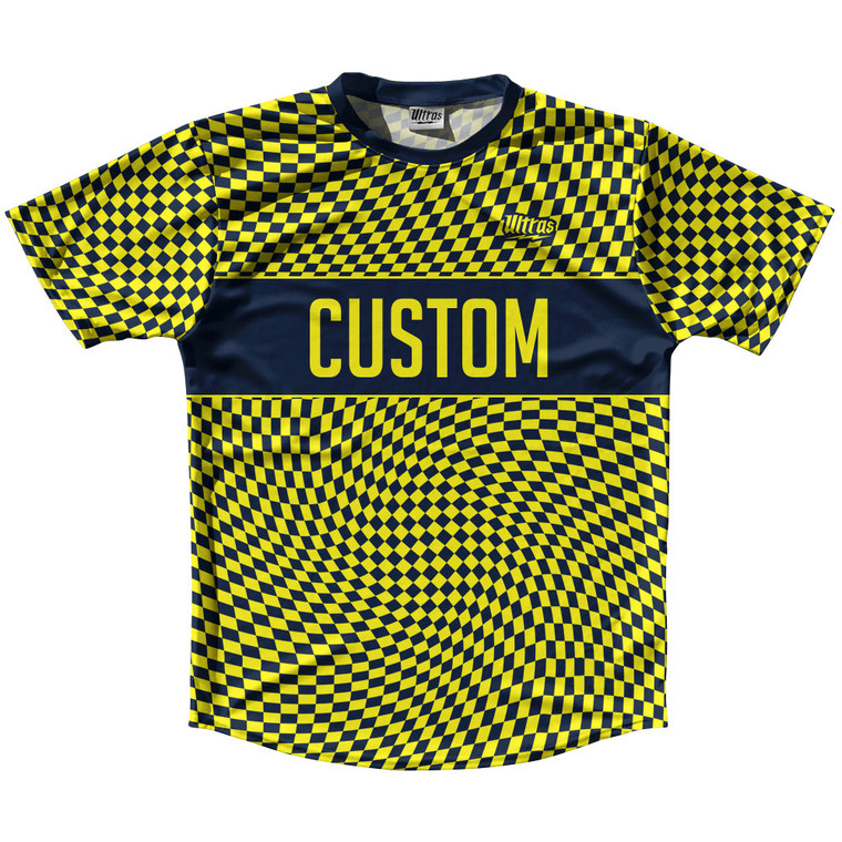 Warped Checkerboard Custom Running Shirt Track Cross Made In USA - Blue Navy And Yellow Bright