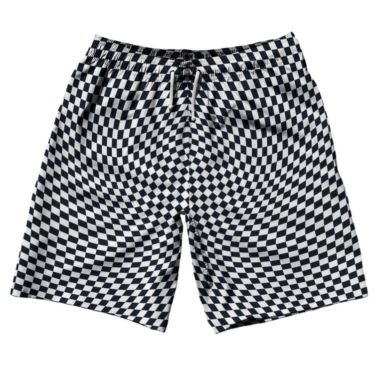Warped Checkerboard 10" Swim Shorts Made in USA - Blue Navy Almost Black And White