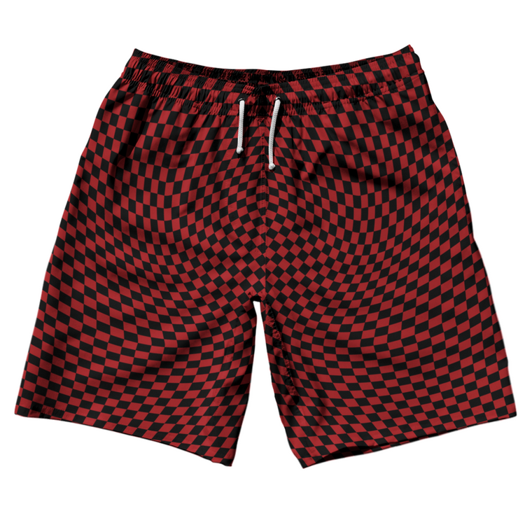 Warped Checkerboard 10" Swim Shorts Made in USA - Red Dark And Black