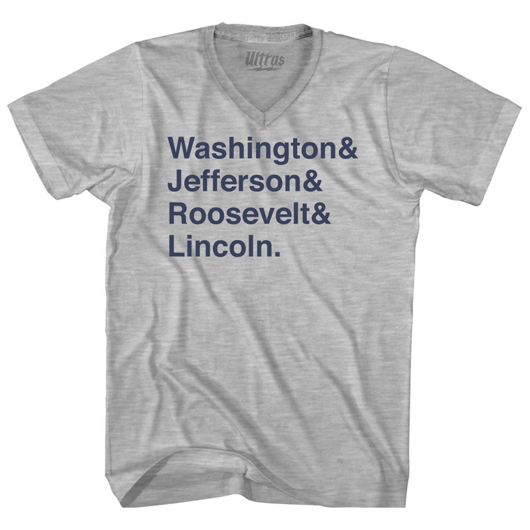 Washington& Jefferson& Roosevelt& Lincoln & Adult Cotton V-Neck T-Shirt - Grey Heather