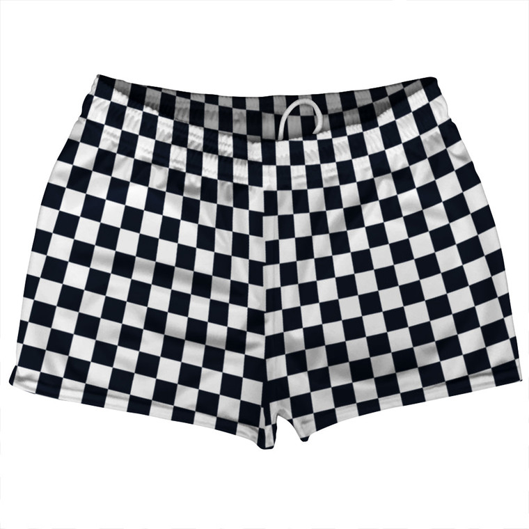 Checkerboard 1 Inch Blue Navy Almost Black and White Shorty Short Gym Shorts 2.5" Inseam Made In USA
