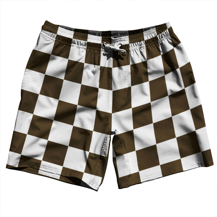 Checkerboard 2.5 Inches Brown Dark and White Swim Shorts 7" Made in USA - Brown Dark and White