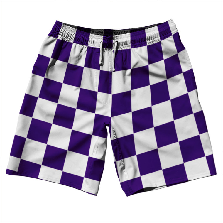 Checkerboard 2.5 Inches Purple Lakers and White 10" Swim Shorts Made in USA - Purple Lakers and White