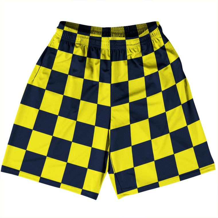 Checkerboard 2.5 Inches Blue Navy and Yellow Bright Basketball Practice Shorts Made In USA - Blue Navy and Yellow Bright
