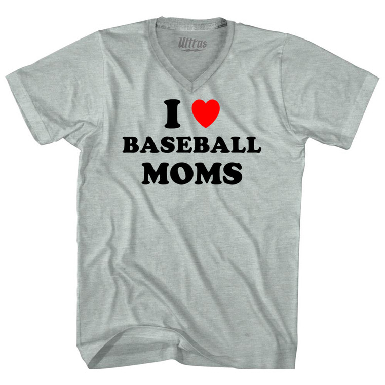 I Love Baseball Moms Adult Tri-Blend V-neck T-shirt - Athletic Cool Grey