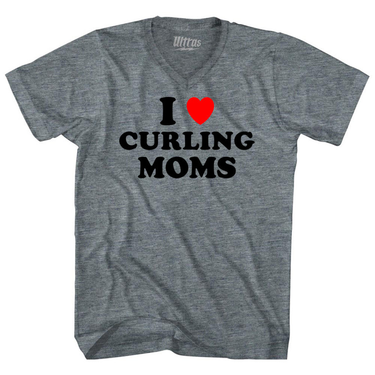 I Love Curling Moms Adult Tri-Blend V-neck T-shirt - Athletic Grey