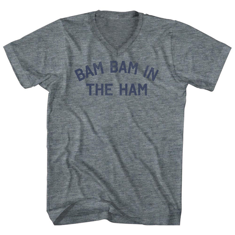 Bam Bam In The Ham Tri-Blend V-Neck Womens Junior Cut T-Shirt - Athletic Grey