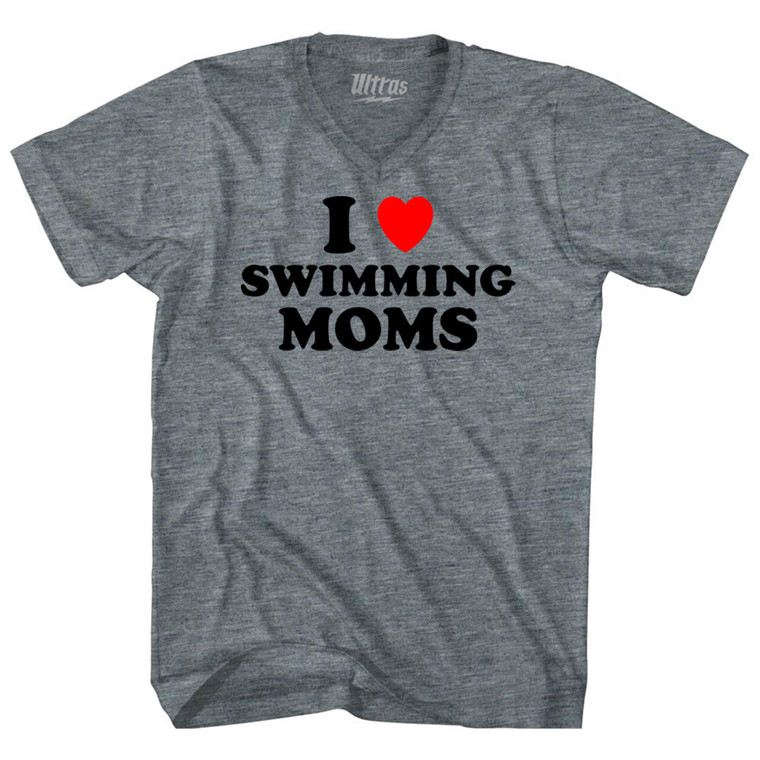 I Love Swimming Moms Adult Tri-Blend V-neck T-shirt - Athletic Grey