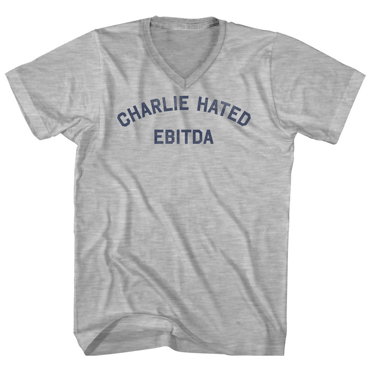 Charlie Hated Ebitda Adult Cotton V-Neck T-Shirt - Grey Heather