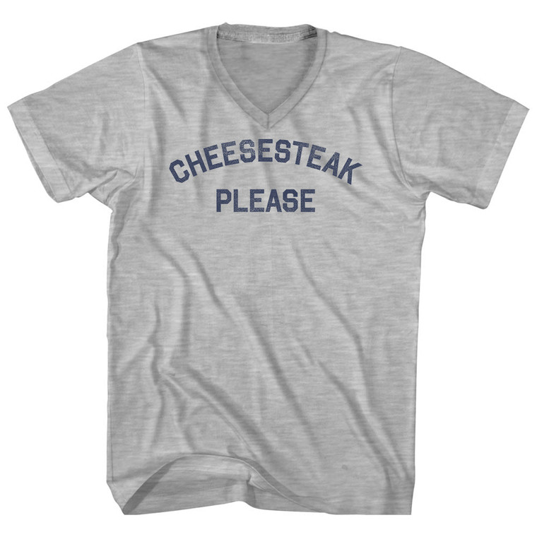 Cheesesteak Please Adult Cotton V-neck T-shirt - Grey Heather