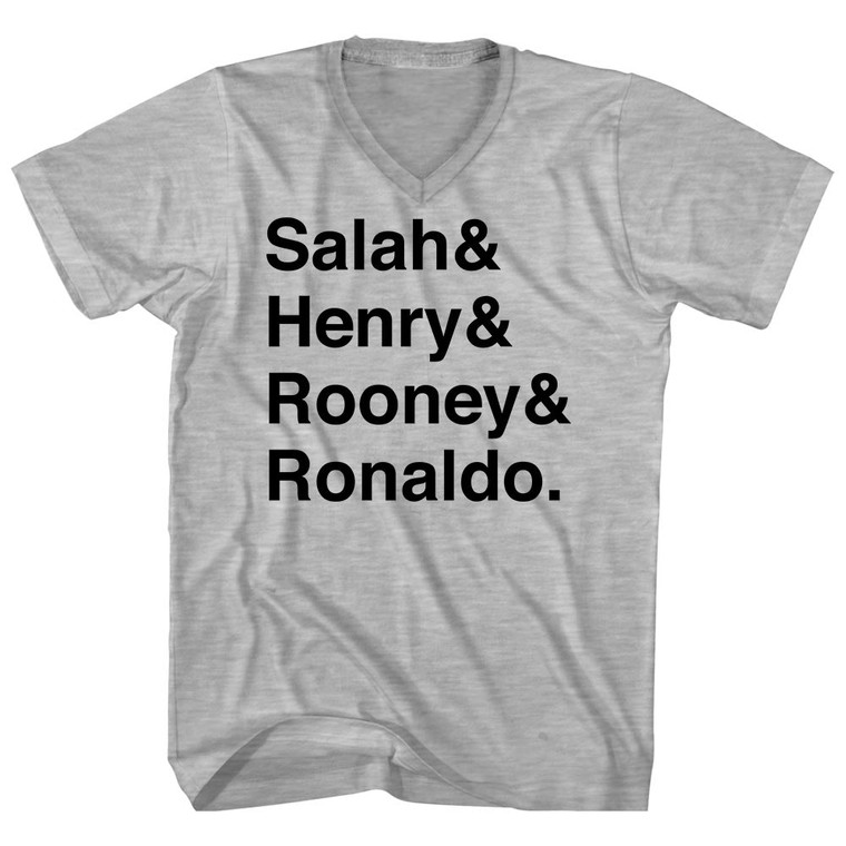 Salah, Henry, Rooney And Ronaldo English League Mount Rushmore Soccer Legends (Black Text) Adult Cotton V-neck T-shirt - Grey Heather